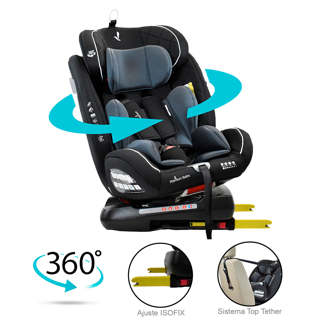 Silla de seguridad para carro EOS negra, giro de 360°, extra acolchado, cinturón de seguridad - Premium Baby
