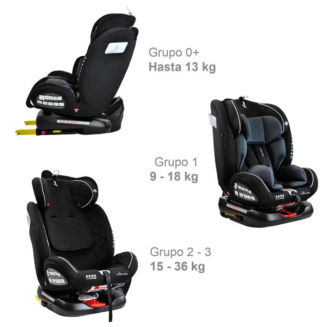 Silla de seguridad para carro EOS negra, giro de 360°, extra acolchado, cinturón de seguridad - Premium Baby