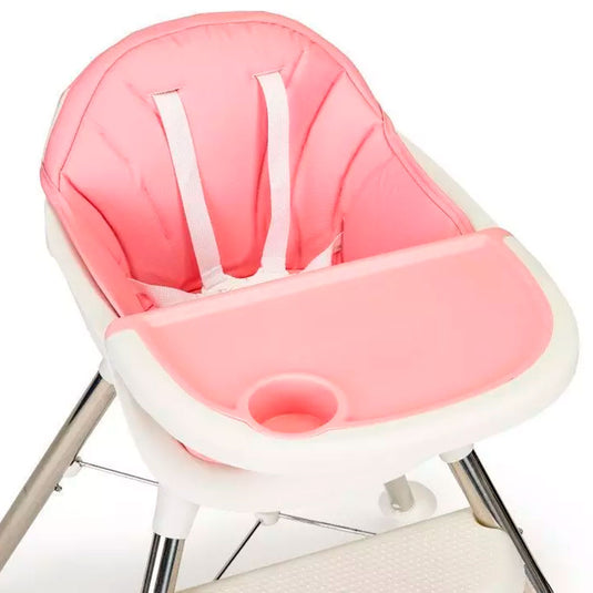 Silla comedor 4en1 rosada con aluminio, acolchada, con cesta de almacenamiento y doble bandeja
