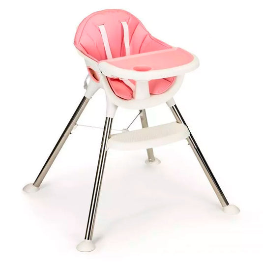 Silla comedor 4en1 rosada con aluminio, acolchada, con cesta de almacenamiento y doble bandeja