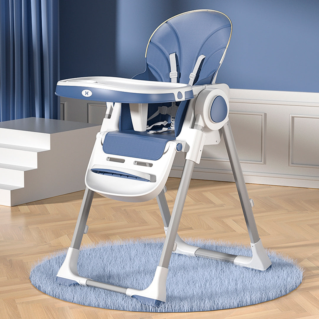 Silla comedor de lujo para bebé de 6 a 36 meses, plegable, asiento acolchado, altura y posiciones ajustables Azul
