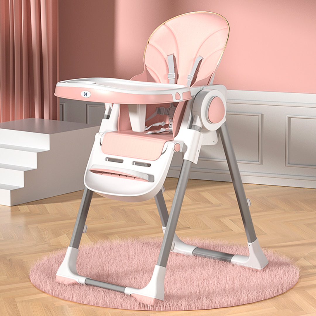 Silla comedor de lujo para bebé de 6 a 36 meses, plegable, asiento acolchado, altura y posiciones ajustables Salmón