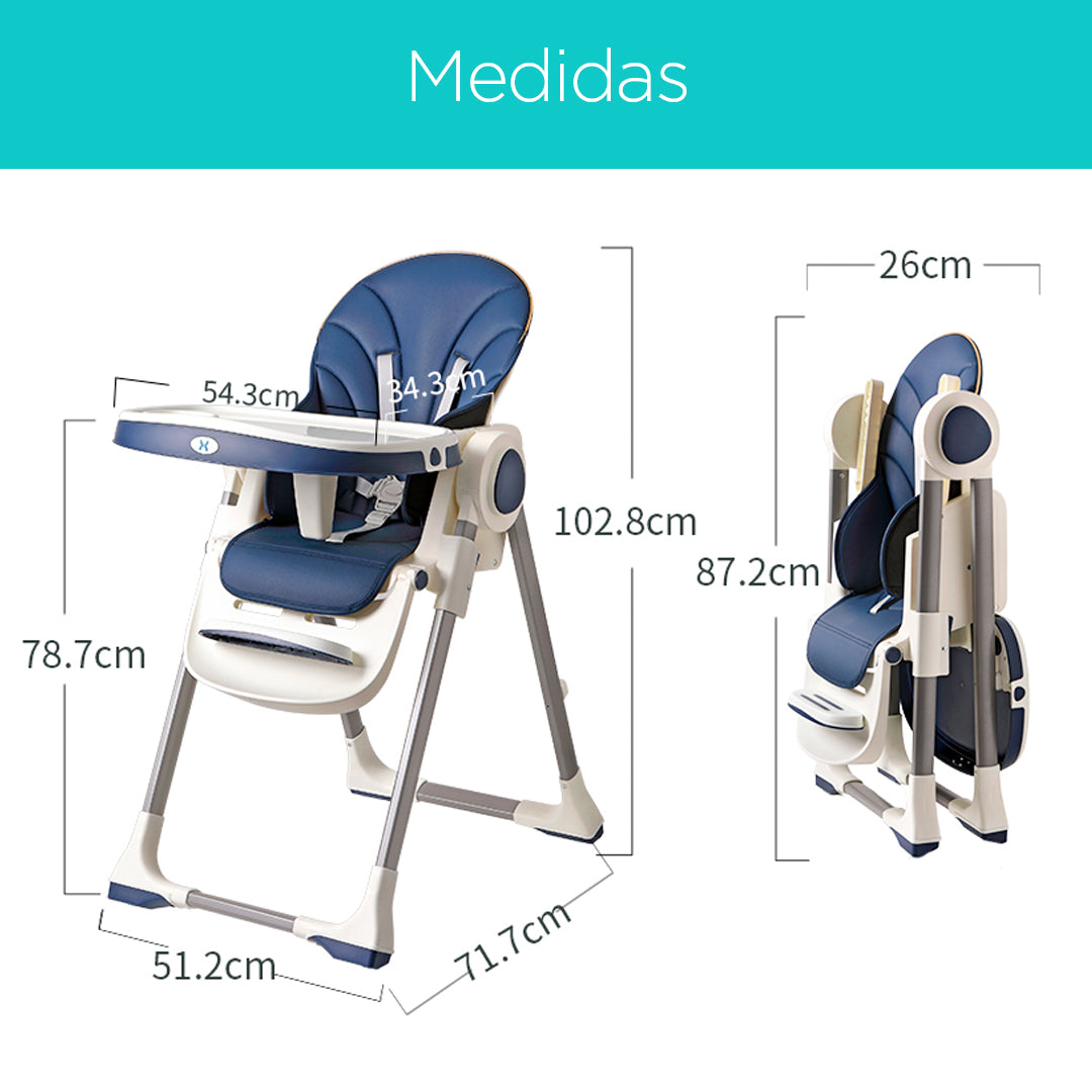 Silla comedor de lujo para bebé de 6 a 36 meses, plegable, asiento acolchado, altura y posiciones ajustables