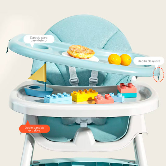 Silla comedor de lujo 3 en 1, asiento multifuncional con sistema de plegado y de reclinado, doble bandeja y ruedas para facilitar su uso - Color&Life