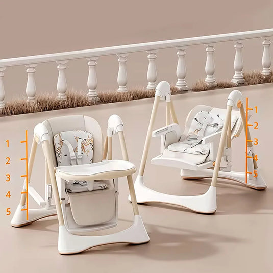 Silla 2en1 comedor y mecedora ajustable para bebé, columpio y comedor, estructura metálica en pirámide para mas estabilidad, bandeja ajustable y removible, ruedas para facilitar su traslado y se pueden quitar para mas estabilidad