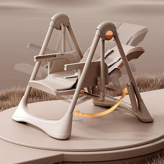 Silla 2en1 comedor y mecedora ajustable para bebé, columpio y comedor, estructura metálica en pirámide para mas estabilidad, bandeja ajustable y removible, ruedas para facilitar su traslado y se pueden quitar para mas estabilidad