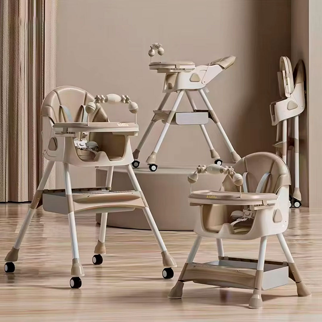 Silla comedor con sistema plegable y doble bandeja, multifuncional, ajustable como silla alta y baja, con ruedas para facilitar el moverla, con arnés en 5 puntos - Kidilo