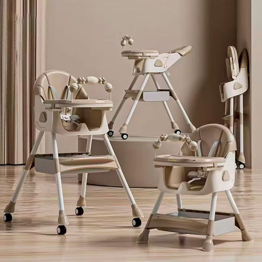 Silla comedor con sistema plegable y doble bandeja, multifuncional, ajustable como silla alta y baja, con ruedas para facilitar el moverla, con arnés en 5 puntos - Kidilo