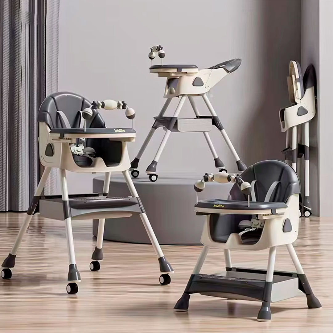 Silla comedor con sistema plegable y doble bandeja, multifuncional, ajustable como silla alta y baja, con ruedas para facilitar el moverla, con arnés en 5 puntos - Kidilo
