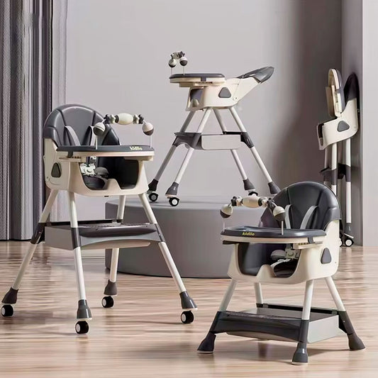 Silla comedor con sistema plegable y doble bandeja, multifuncional, ajustable como silla alta y baja, con ruedas para facilitar el moverla, con arnés en 5 puntos - Kidilo