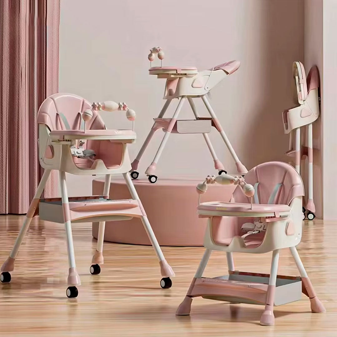 Silla comedor con sistema plegable y doble bandeja, multifuncional, ajustable como silla alta y baja, con ruedas para facilitar el moverla, con arnés en 5 puntos - Kidilo