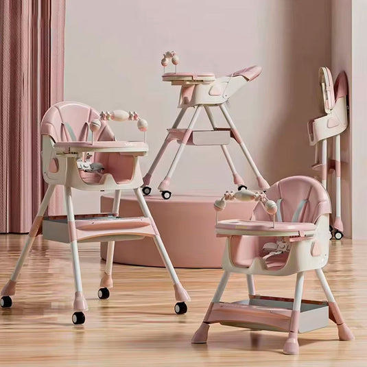Silla comedor con sistema plegable y doble bandeja, multifuncional, ajustable como silla alta y baja, con ruedas para facilitar el moverla, con arnés en 5 puntos - Kidilo