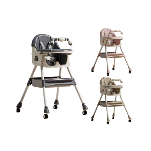 Silla comedor con sistema plegable y doble bandeja, multifuncional, ajustable como silla alta y baja, con ruedas para facilitar el moverla, con arnés en 5 puntos - Kidilo