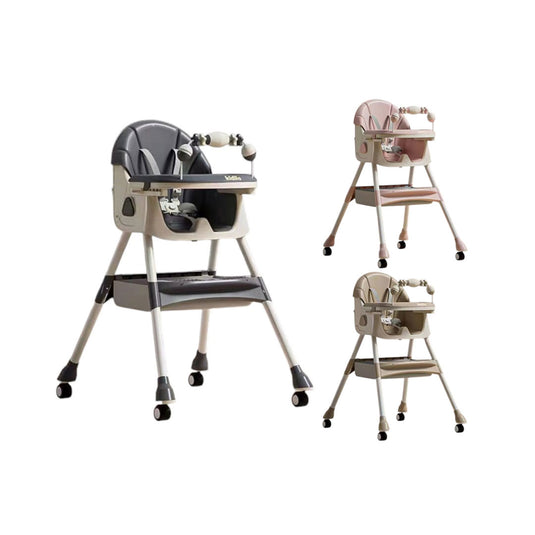 Silla comedor con sistema plegable y doble bandeja, multifuncional, ajustable como silla alta y baja, con ruedas para facilitar el moverla, con arnés en 5 puntos - Kidilo