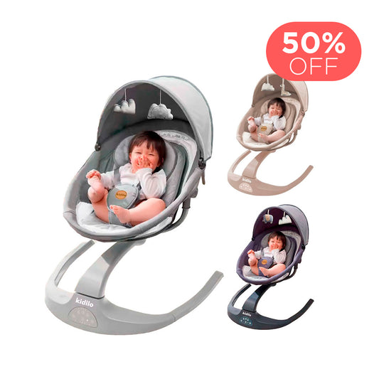 Silla mecedora con ajuste 360° para bebé, dos posiciones de reclinado, movimiento suave y relajante, de fácil montaje, conectividad Bluetooth - Kidilo