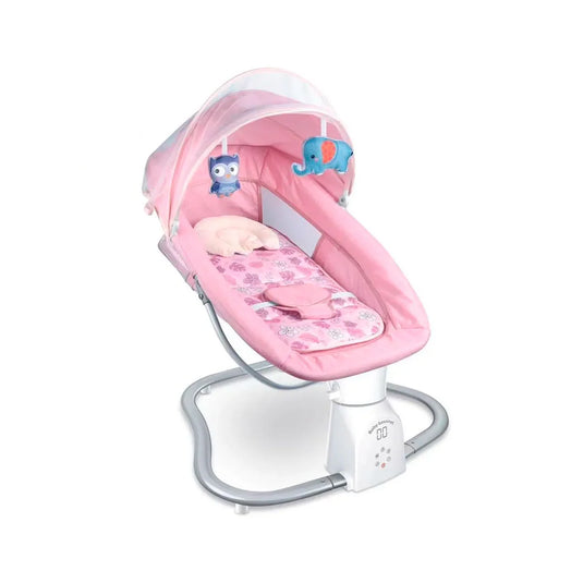 Silla mecedora eléctrica con melodías y mosquitero, con móviles colgantes, tejido de asiento cómodo, arnés de seguridad en 5 puntos, panel de control multifuncional - Hu-Baby