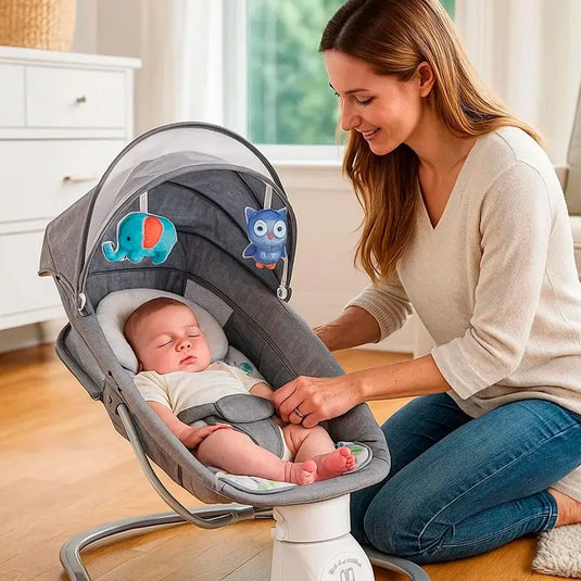 Silla mecedora eléctrica con melodías y mosquitero, con móviles colgantes, tejido de asiento cómodo, arnés de seguridad en 5 puntos, panel de control multifuncional - Hu-Baby