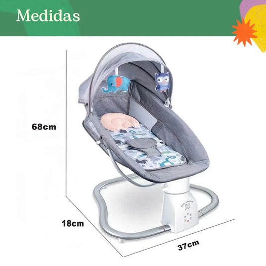 Silla mecedora eléctrica con melodías y mosquitero, con móviles colgantes, tejido de asiento cómodo, arnés de seguridad en 5 puntos, panel de control multifuncional - Hu-Baby