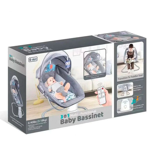 Silla mecedora eléctrica con melodías y mosquitero, con móviles colgantes, tejido de asiento cómodo, arnés de seguridad en 5 puntos, panel de control multifuncional - Hu-Baby