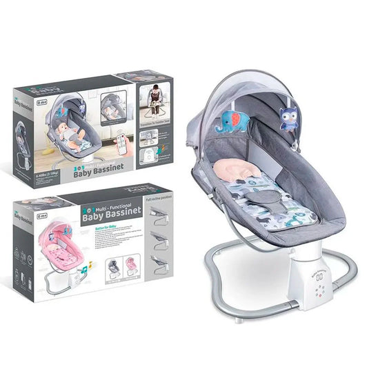 Silla mecedora eléctrica con melodías y mosquitero, con móviles colgantes, tejido de asiento cómodo, arnés de seguridad en 5 puntos, panel de control multifuncional - Hu-Baby