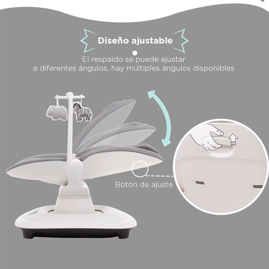 Silla mecedora 360° ajustable y control mediante APP, cuenta con pantalla táctil y control por medio de APP, 5 modos de balanceo, cuenta con 12 melodías grabadas, posiciones de reclinado - Mastela