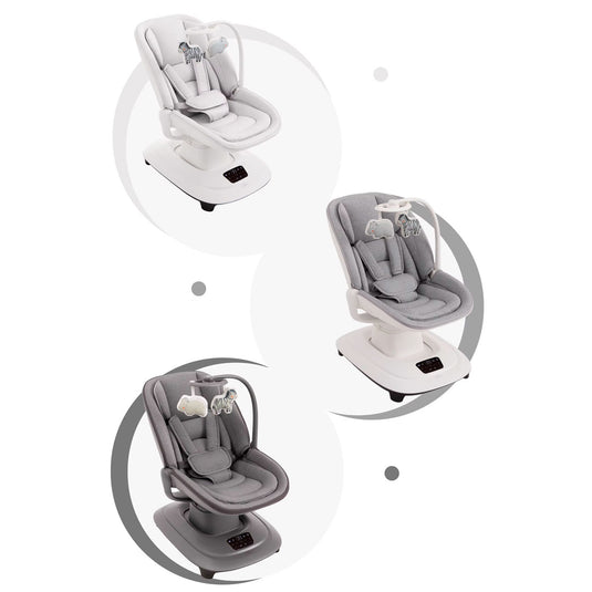 Silla mecedora 360° ajustable y control mediante APP, cuenta con pantalla táctil y control por medio de APP, 5 modos de balanceo, cuenta con 12 melodías grabadas, posiciones de reclinado - Mastela