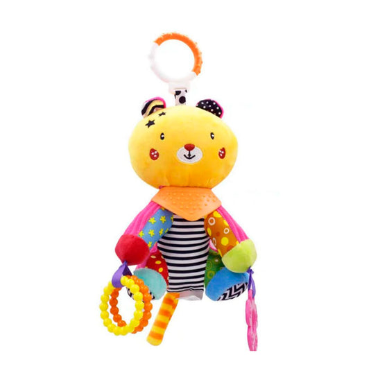 Sonajero peluche con bandana de rascaencias suave, móvil para colgar, hecho en material suave hipoalergénico, diseño y colores llamativos, con cascabel y mordedor