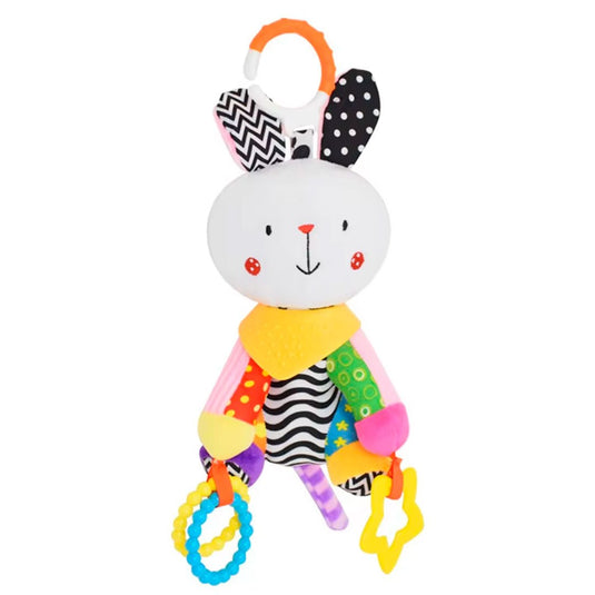 Sonajero peluche con bandana de rascaencias suave, móvil para colgar, hecho en material suave hipoalergénico, diseño y colores llamativos, con cascabel y mordedor - Cocco Semana 2026