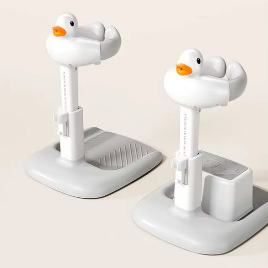 Soporte de ducha con diseño de patito para bebé, con base antideslizante, soporte de pie para bebé, ergonómico, de altura ajustable
