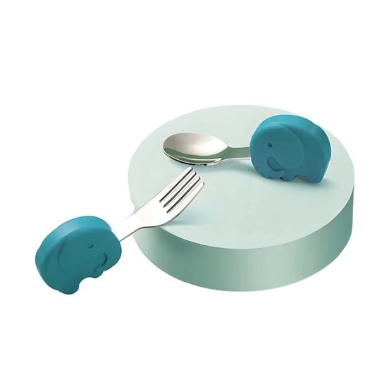 Set cuchara y tenedor para bebé diseño elefante, en acero inoxidable y silicona libre de BPA, ergonómico