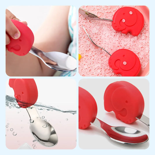 Set cuchara y tenedor para bebé diseño elefante, en acero inoxidable y silicona libre de BPA, ergonómico