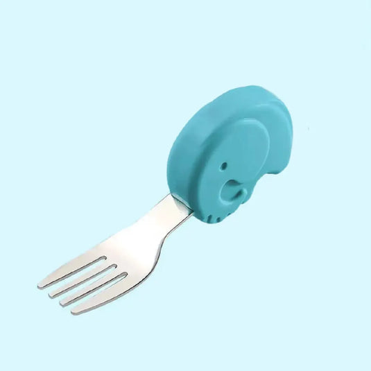 Set cuchara y tenedor para bebé diseño elefante, en acero inoxidable y silicona libre de BPA, ergonómico