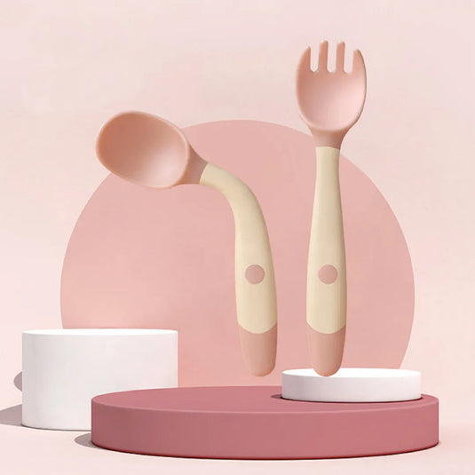Set Cubiertos cuchara y tenedor flexibles y giratorios 360° para bebé, en silicona suave, vajilla de entrenamiento para aprender a comer