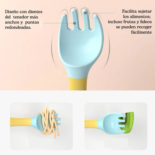 Set Cubiertos cuchara y tenedor flexibles y giratorios 360° para bebé, en silicona suave, vajilla de entrenamiento para aprender a comer