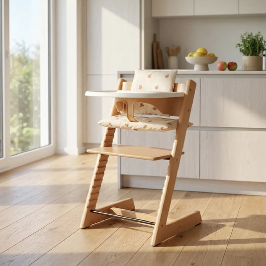 Silla comedor alta evolutiva para bebé en madera, con baby set, cojín y bandeja removible, ajustable en altura y profundidad, ergonómica, crece con tu hijo