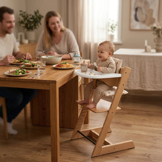 Silla comedor alta evolutiva para bebé en madera, con baby set, cojín y bandeja removible, ajustable en altura y profundidad, ergonómica, crece con tu hijo