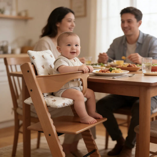 Silla comedor alta evolutiva para bebé en madera, con baby set, cojín y bandeja removible, ajustable en altura y profundidad, ergonómica, crece con tu hijo