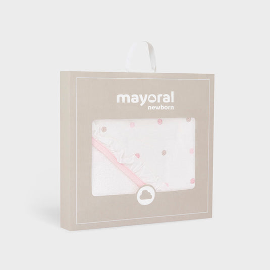 Toalla con capucha con borde rosa para bebé, tipo capa de diseño envolvente con la que podrás secar y abrigar a tu bebé después del baño, hecha 100% en algodón - Mayoral