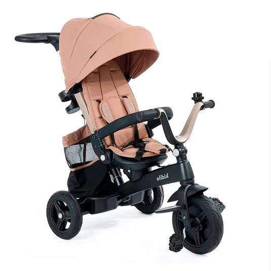Coche paseador estilo Triciclo Deluxe, con sistema de plegado, asiento ajustable con rotación 360°, manillar de control parental, canasta de almacenamiento, campanilla, cinturón de seguridad de 5 puntos - Kidilo