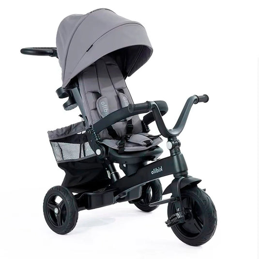 Coche paseador estilo Triciclo Deluxe, con sistema de plegado, asiento ajustable con rotación 360°, manillar de control parental, canasta de almacenamiento, campanilla, cinturón de seguridad de 5 puntos - Kidilo