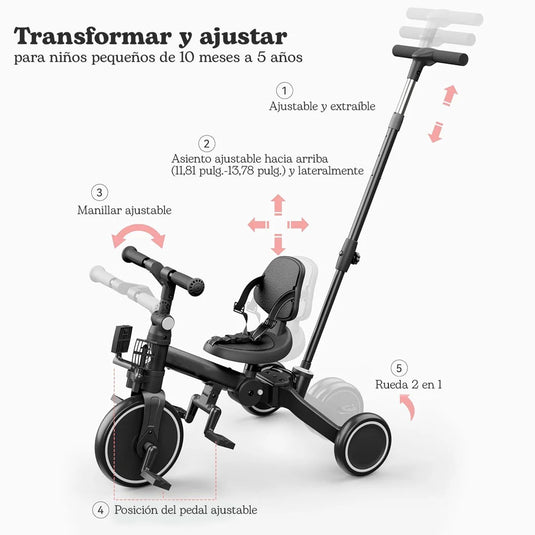 Triciclo 5 en 1 con manija de control parental, ajustes de posición, pedal extraíble, respaldo ajustable, cinturón de seguridad en tres puntos, en material resistente - Maxibaby
