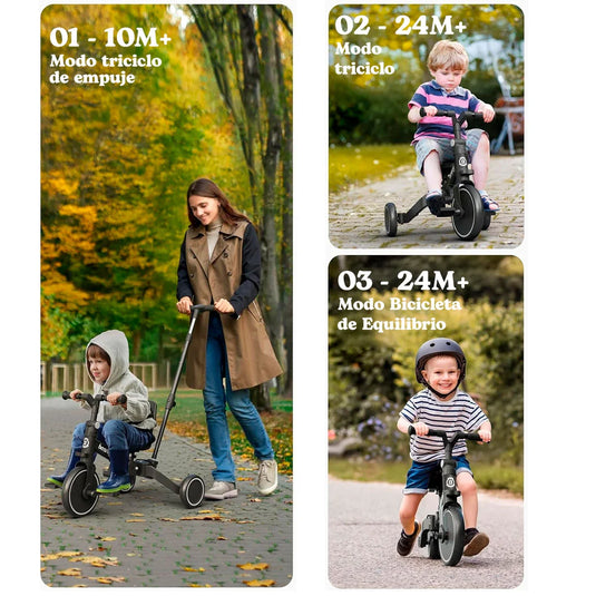 Triciclo 5 en 1 con manija de control parental, ajustes de posición, pedal extraíble, respaldo ajustable, cinturón de seguridad en tres puntos, en material resistente - Maxibaby