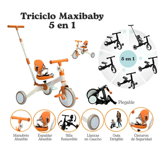 Triciclo 5 en 1 con manija de control parental, ajustes de posición, pedal extraíble, respaldo ajustable, cinturón de seguridad en tres puntos, en material resistente - Maxibaby