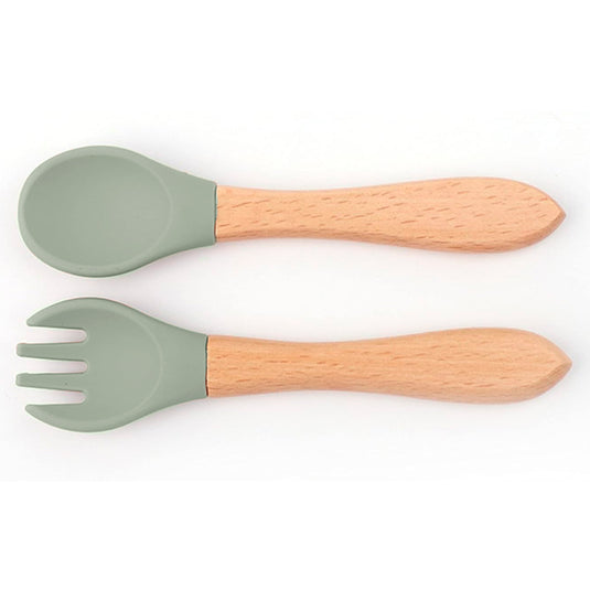 Vajilla en set de 5 piezas en silicona, cubiertos con mango de madera, libre de PVC, BPA y látex, antideslizante con babero ajustable - Color&Life