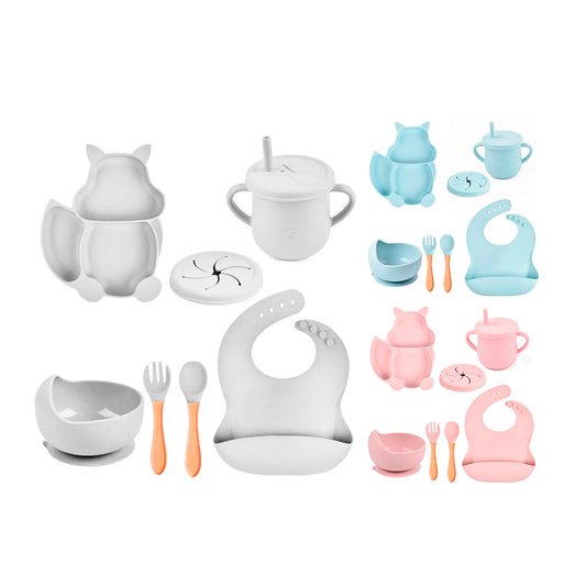 Set vajilla Ardilla de 8pz en silicona, combo de alimentación complementaria  libres de BPA, babero, plato, tazón y cubiertos, de material seguro y resistente - Color & Life