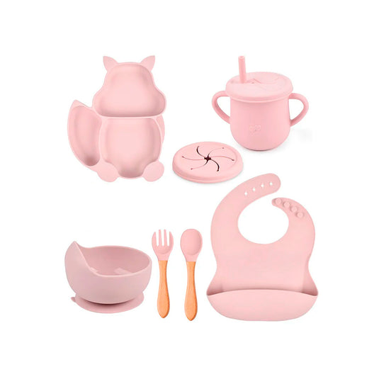 Set vajilla Ardilla de 8pz en silicona, combo de alimentación complementaria  libres de BPA, babero, plato, tazón y cubiertos, de material seguro y resistente - Color & Life