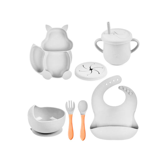 Set vajilla Ardilla de 8pz en silicona, combo de alimentación complementaria  libres de BPA, babero, plato, tazón y cubiertos, de material seguro y resistente - Color & Life