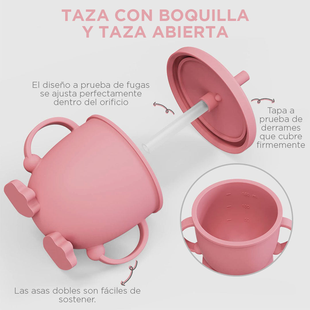 Vajilla 7pz en silicona grado alimenticio, 100% libre de BPA, cubiertos de silicona suave con mango en madera, adhesión a superficie plana, con babero recolector