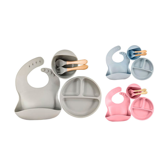 Vajilla 7pz en silicona grado alimenticio, 100% libre de BPA, cubiertos de silicona suave con mango en madera, adhesión a superficie plana, con babero recolector