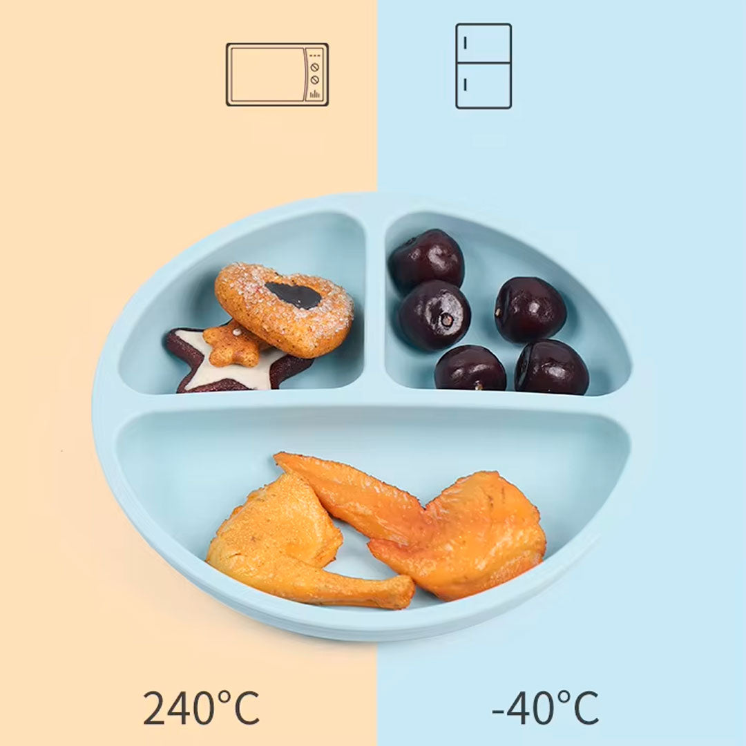 Vajilla 7pz en silicona grado alimenticio, 100% libre de BPA, cubiertos de silicona suave con mango en madera, adhesión a superficie plana, con babero recolector